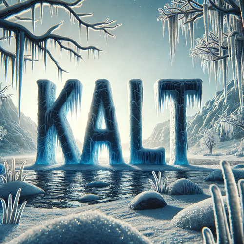 Frozen landscape with the word 'kalt' made of ice, representing the German adjective 'kalt' from the A1 Adjectives Vocabulary.