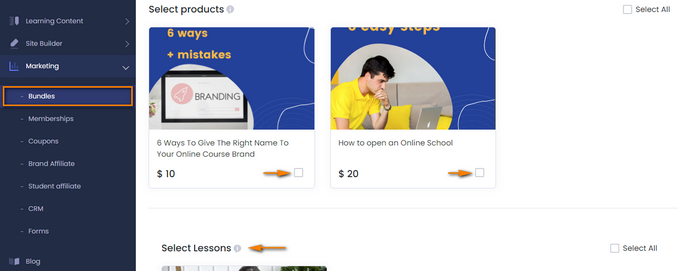 Selecting items and products to include in the course bundle.