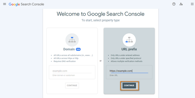 Insertion de l'URL du site web pour la console de recherche Google.