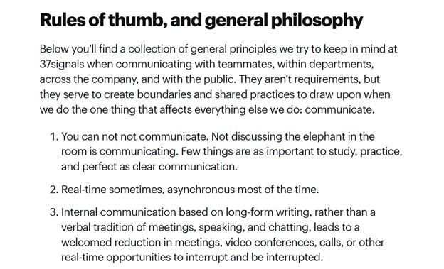 example guide of how the Basecamp team communicates and the rules they have around team communication