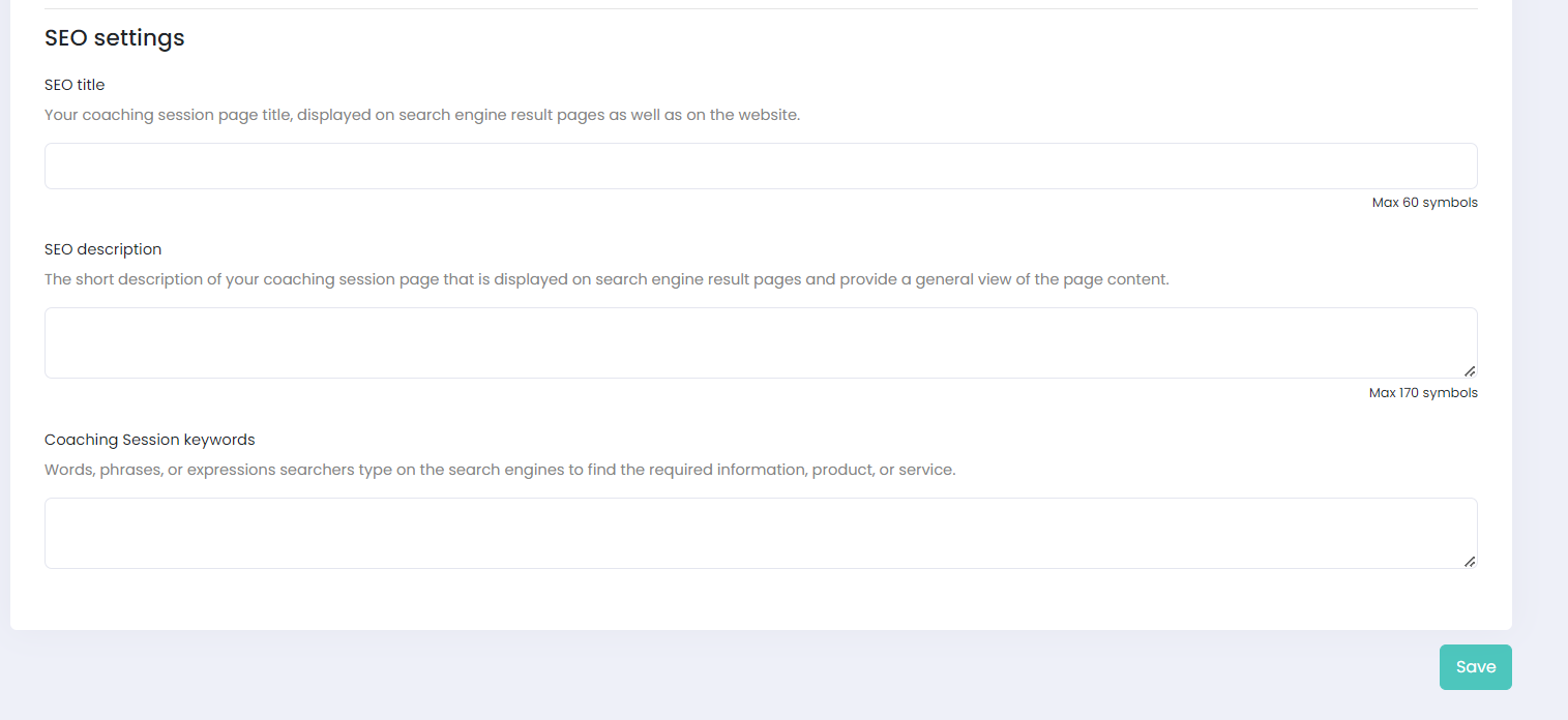 SEO settings for coaching session