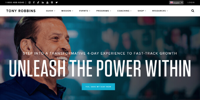 Tony Robbins' webpage