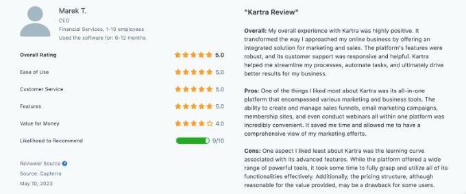 Kartra review on Capterra